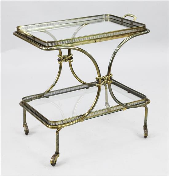 A Maison Bagues style brass and glass two tier trolley, W.2ft 3in. H.2ft 2in.
